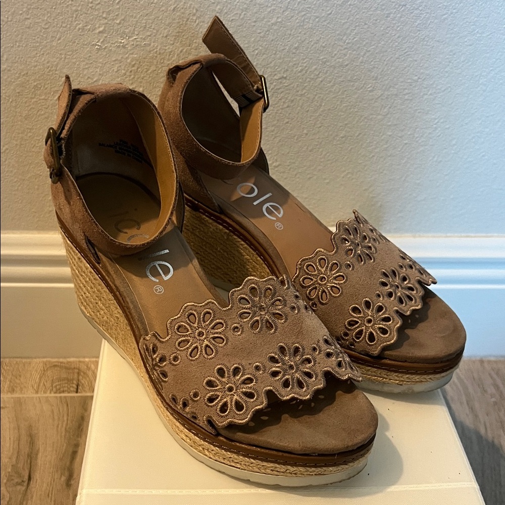 Nicole Taupe Floral Cutout Espadrille Wedge Sandals
